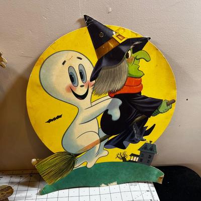 1960's Paper Halloween Cardboard Decorations: Ghost, Pumpkin, Cat, Scarecrow. 6 Total