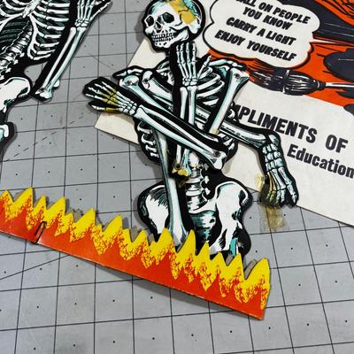 1960's Paper Halloween Cardboard Decorations: 2 Skeletons, Accordion Tissue Witch, Paper Bag, Balloons & Witch. 