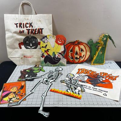 1960's Paper Halloween Cardboard Decorations: 2 Skeletons, Accordion Tissue Witch, Paper Bag, Balloons & Witch. 