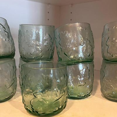 9 Green Glass Tumblers with Leaf Pattern 