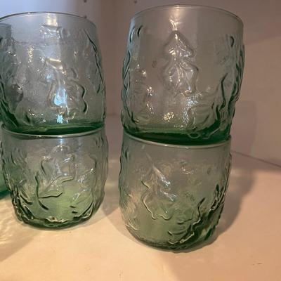 9 Green Glass Tumblers with Leaf Pattern 