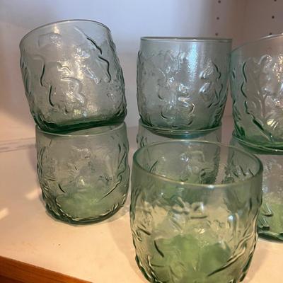 9 Green Glass Tumblers with Leaf Pattern 