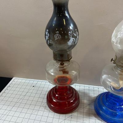 2 Glass Kerosene RED & BLUE Lanterns 