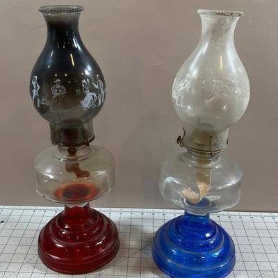 2 Glass Kerosene RED & BLUE Lanterns 