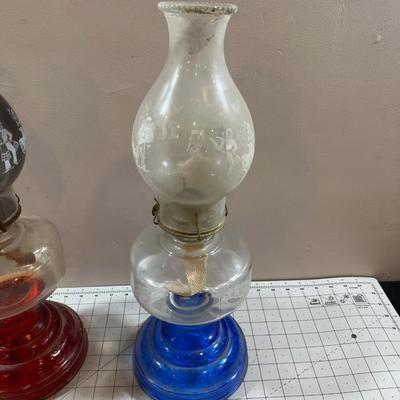 2 Glass Kerosene RED & BLUE Lanterns 