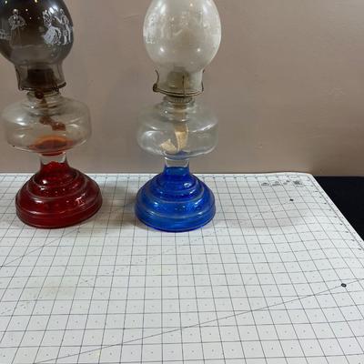 2 Glass Kerosene RED & BLUE Lanterns 