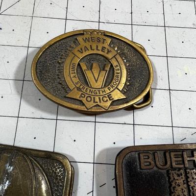 3 Vintage Belt Buckles Brass Including West Valley Police