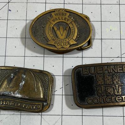 3 Vintage Belt Buckles Brass Including West Valley Police
