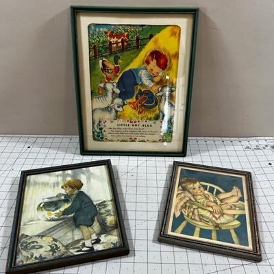 Vintage Framed Children's Prints Under Glass  