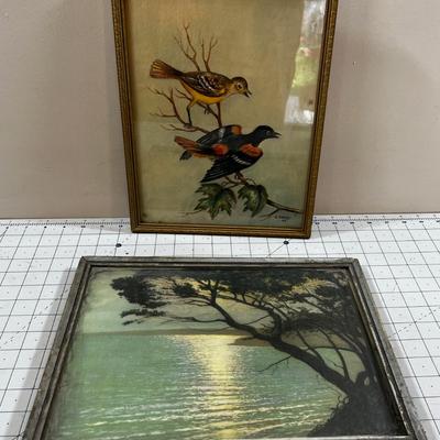 Birds and Night Time Lake PRINTS under Glass 