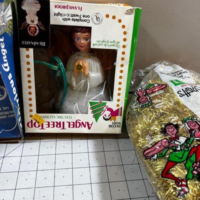 Vintage Christmas: Angels, Red Beads, Pop Up  Old Timey Car with Santa and a Sleigh Etc. 