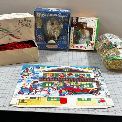 Vintage Christmas: Angels, Red Beads, Pop Up  Old Timey Car with Santa and a Sleigh Etc. 