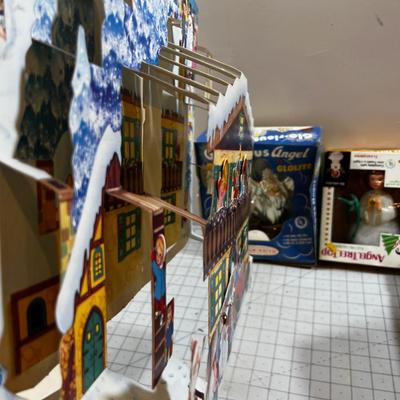 Vintage Christmas: Angels, Red Beads, Pop Up  Old Timey Car with Santa and a Sleigh Etc. 