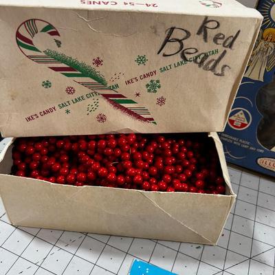 Vintage Christmas: Angels, Red Beads, Pop Up  Old Timey Car with Santa and a Sleigh Etc. 