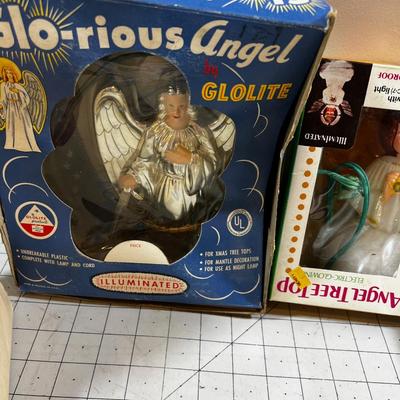 Vintage Christmas: Angels, Red Beads, Pop Up  Old Timey Car with Santa and a Sleigh Etc. 