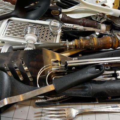 Large Box of Kitchen Utensils 