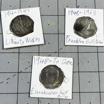 3 half Dollars: 1943 Walking Liberty, 1960 Franklin and 1976 Kennedy