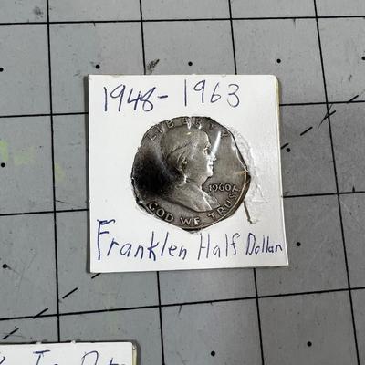 3 half Dollars: 1943 Walking Liberty, 1960 Franklin and 1976 Kennedy