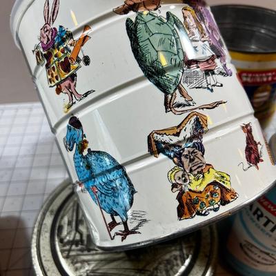 Grouping of Metal Tin Cans, Alice and Sunny Jim AWESOME!