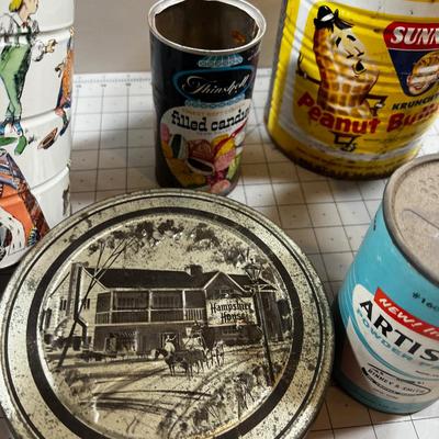 Grouping of Metal Tin Cans, Alice and Sunny Jim AWESOME!