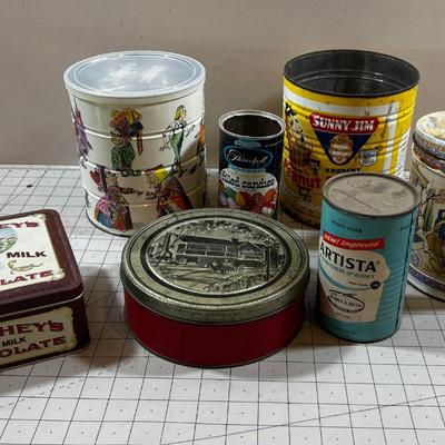 Grouping of Metal Tin Cans, Alice and Sunny Jim AWESOME!