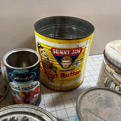 Grouping of Metal Tin Cans, Alice and Sunny Jim AWESOME!