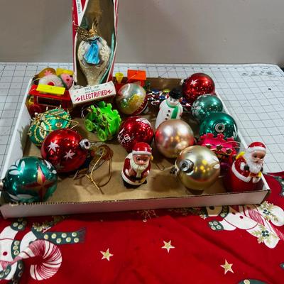 Tray of Vintage X-mas Ornaments Plus TREE Shirt from 60's & 70's 
