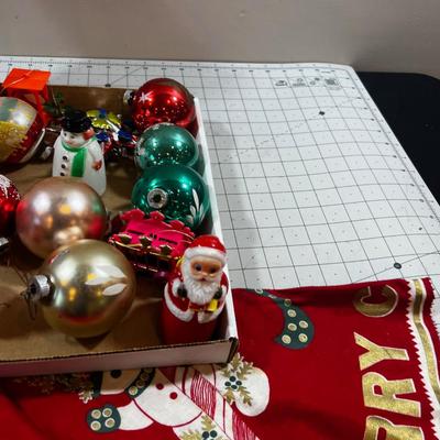 Tray of Vintage X-mas Ornaments Plus TREE Shirt from 60's & 70's 
