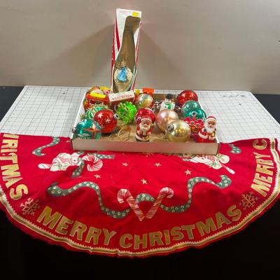 Tray of Vintage X-mas Ornaments Plus TREE Shirt from 60's & 70's 