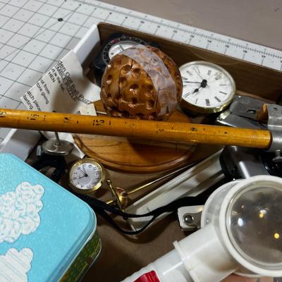 Tray of Miscellaneous Stuff: Camera, Clock, Pen Set, Tape Measure