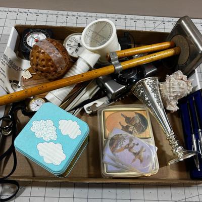 Tray of Miscellaneous Stuff: Camera, Clock, Pen Set, Tape Measure
