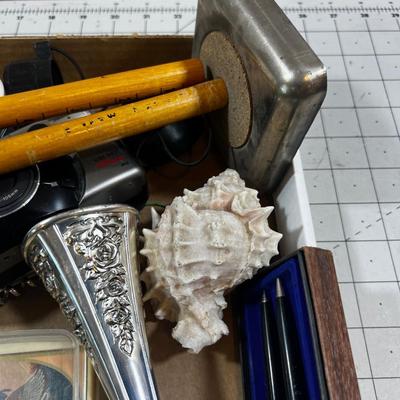 Tray of Miscellaneous Stuff: Camera, Clock, Pen Set, Tape Measure