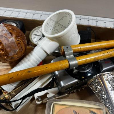 Tray of Miscellaneous Stuff: Camera, Clock, Pen Set, Tape Measure