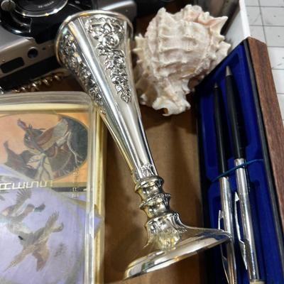 Tray of Miscellaneous Stuff: Camera, Clock, Pen Set, Tape Measure