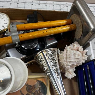 Tray of Miscellaneous Stuff: Camera, Clock, Pen Set, Tape Measure