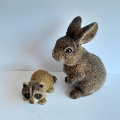 Flocked Rabbit coin bank with small Josee Originals flocked Raccoon.