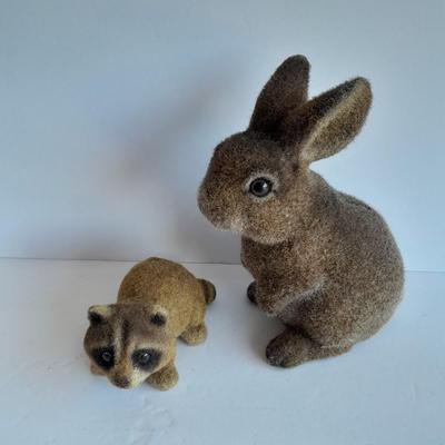 Flocked Rabbit coin bank with small Josee Originals flocked Raccoon.