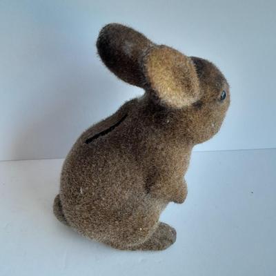 Flocked Rabbit coin bank with small Josee Originals flocked Raccoon.