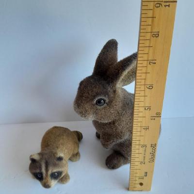Flocked Rabbit coin bank with small Josee Originals flocked Raccoon.