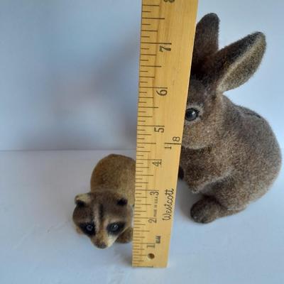 Flocked Rabbit coin bank with small Josee Originals flocked Raccoon.