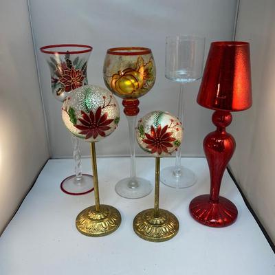 Large Glass Holiday Painted Stemmed Goblet Style Candle Holders and Lights