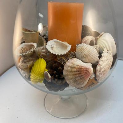 Large Brandy Snifter Glass Filled with Shells Coastal Natural Decor & Battery Operated Candle