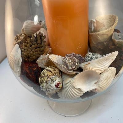 Large Brandy Snifter Glass Filled with Shells Coastal Natural Decor & Battery Operated Candle