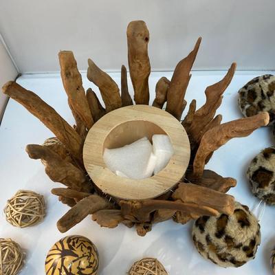Driftwood Display Basket Filled with Natural Reed and Leopard Print Ball Ornaments