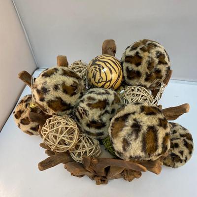 Driftwood Display Basket Filled with Natural Reed and Leopard Print Ball Ornaments