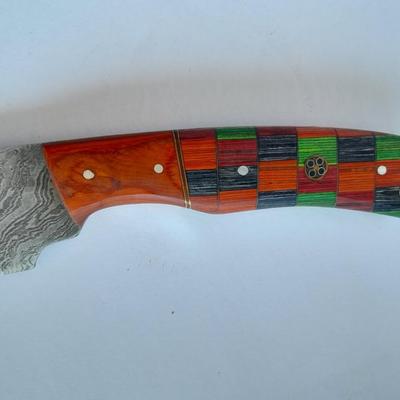 Custom Made Damascus Steel Knife with multi-colored inlayed wooden handle. Beautiful Knife!