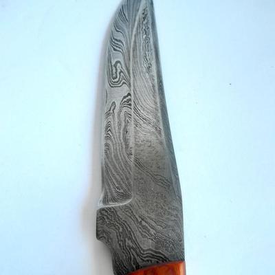 Custom Made Damascus Steel Knife with multi-colored inlayed wooden handle. Beautiful Knife!