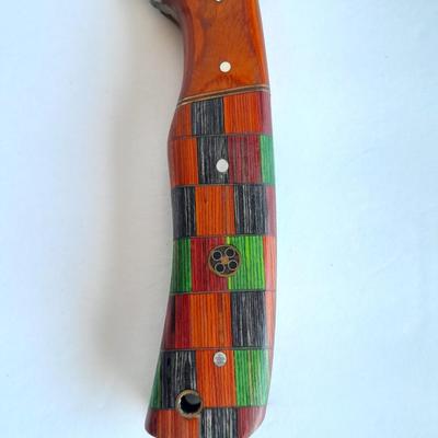 Custom Made Damascus Steel Knife with multi-colored inlayed wooden handle. Beautiful Knife!