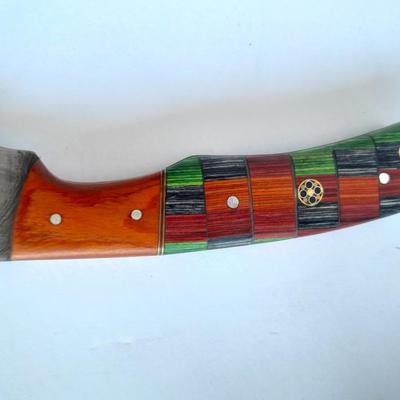 Custom Made Damascus Steel Knife with multi-colored inlayed wooden handle. Beautiful Knife!
