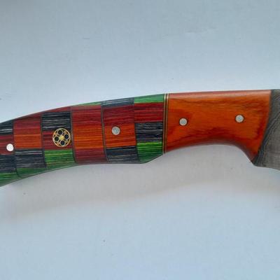 Custom Made Damascus Steel Knife with multi-colored inlayed wooden handle. Beautiful Knife!